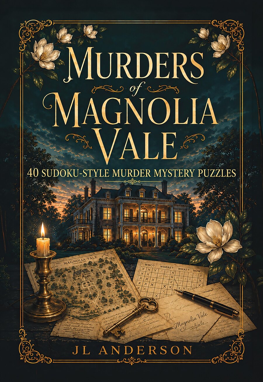 Cover of Murders of Magnolia Vale: 40 Sudoku-Style Murder Mystery Puzzles, by JL Anderson