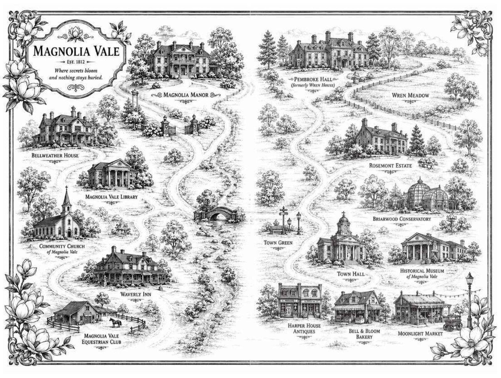 Illustrated map of Magnolia Vale showing Magnolia Manor, Bellweather House, the library, the community church, Waverly Inn, the equestrian club, Pembroke Hall, Rosemont Estate, the conservatory, town hall, and the market